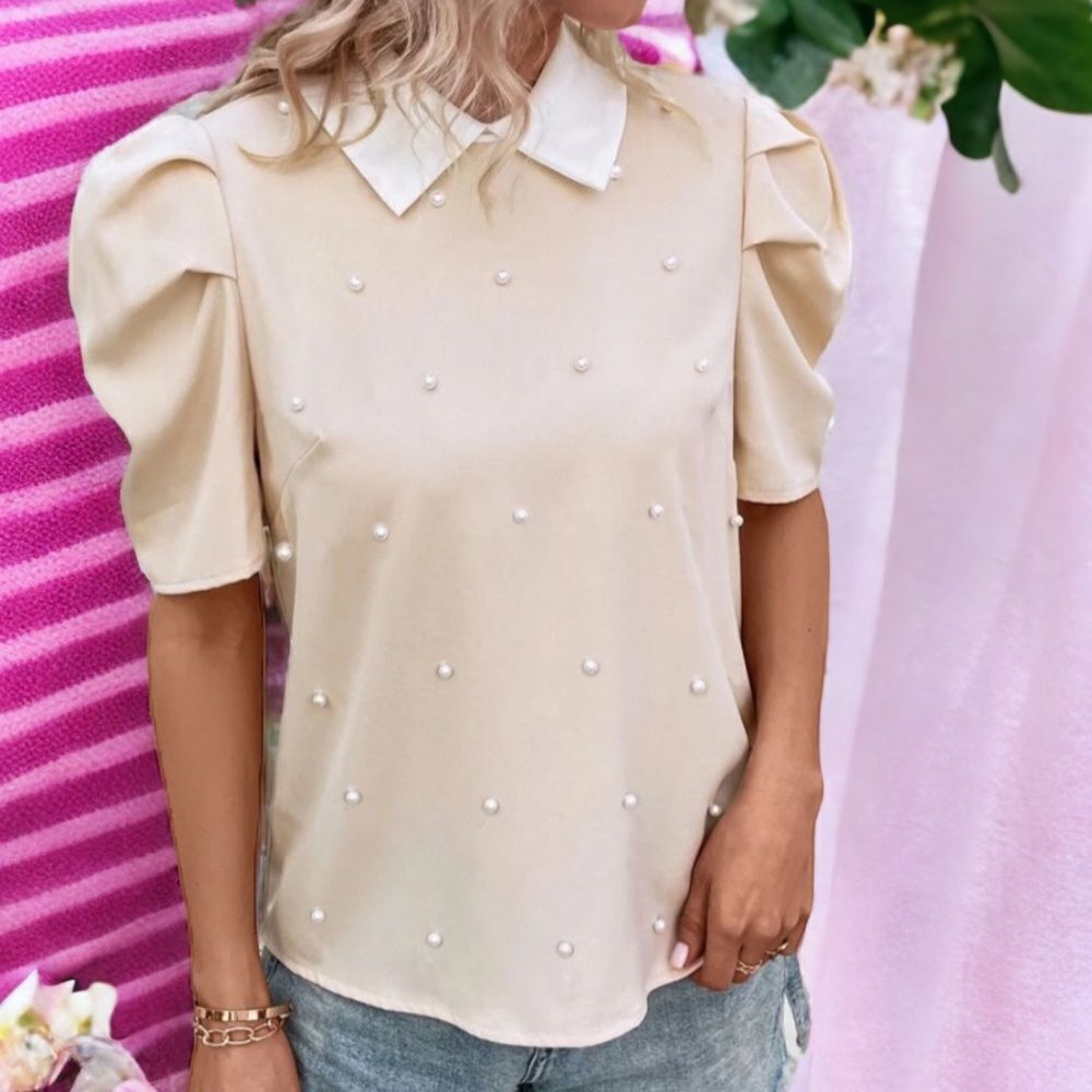 SHEIN NEW WOMENS LARGE TOP BLOUSE PEARL EMBELLISHED PUFF SLEEVES COLLARED